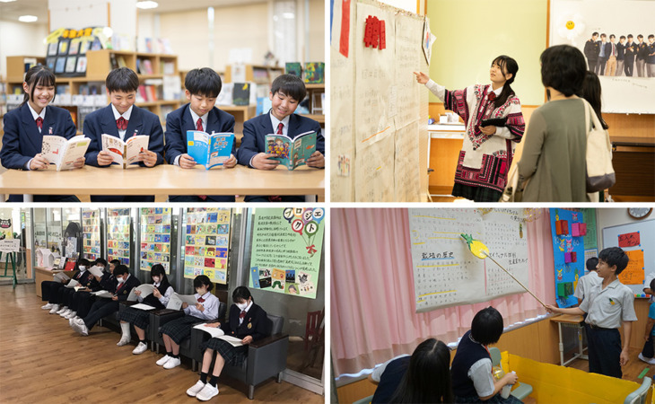 盈進中学高等学校の読書活動風景、生徒のプレゼン風景、読書科の授業風景}、生徒のプレゼン風景