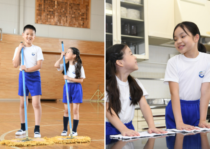 函館三育小学校の上級生・下級生で行う掃除の様子