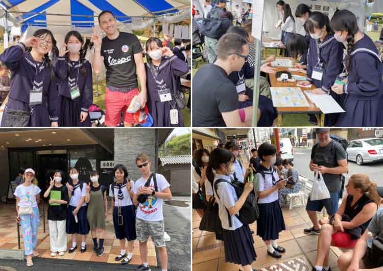 観光客と話す函嶺白百合学園中学校・高等学校の生徒