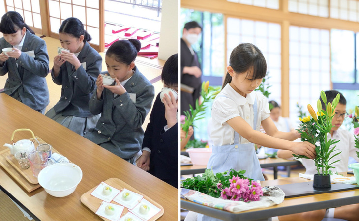 甲南小学校の茶室での作法体験の様子、生け花体験の様子