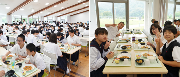 「明徳義塾中学・高等学校」の食堂での昼食風景