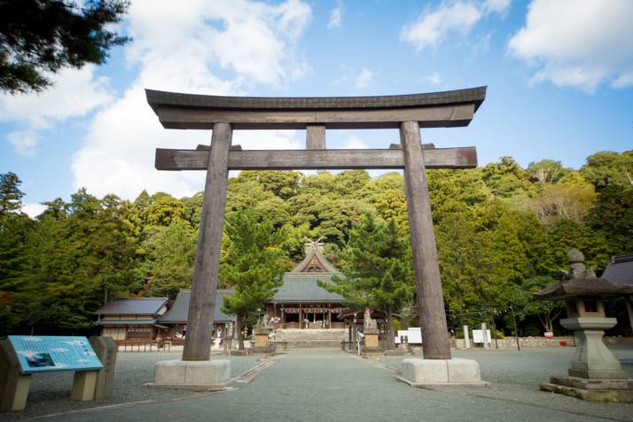 物部神社の正面大鳥居前から臨む広大な境内と社殿