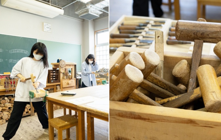 「明星学園中学校」の木工室の作業風景と置かれた工具