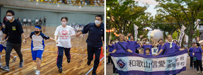 和歌山信愛中学高等学校の体育祭（左）、ぶんだら踊りに参加する和歌山信愛中学高等学校の先生と生徒たち（右）